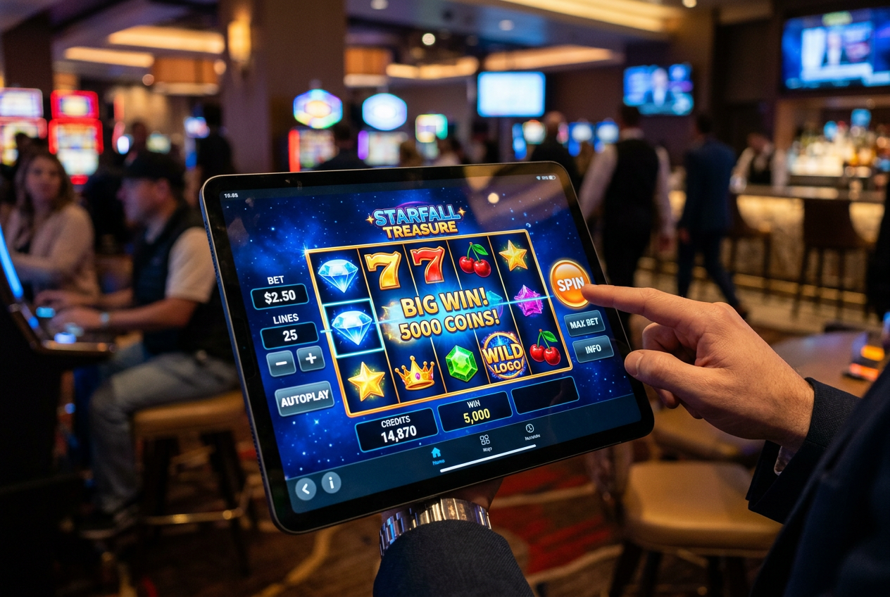 A detailed view of a digital slot machine display showing winning symbols.